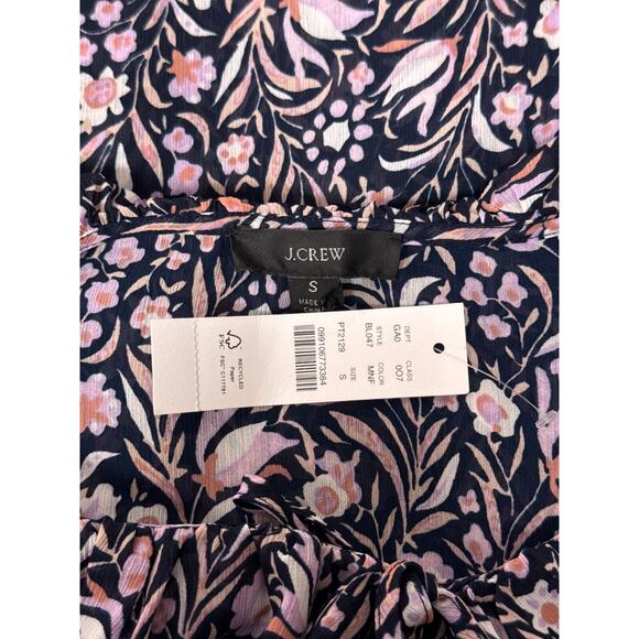 New J Crew Top Small Womens Blue Floral Ruffle Bell Sleeve Chiffon Blouse - Picture 7 of 9